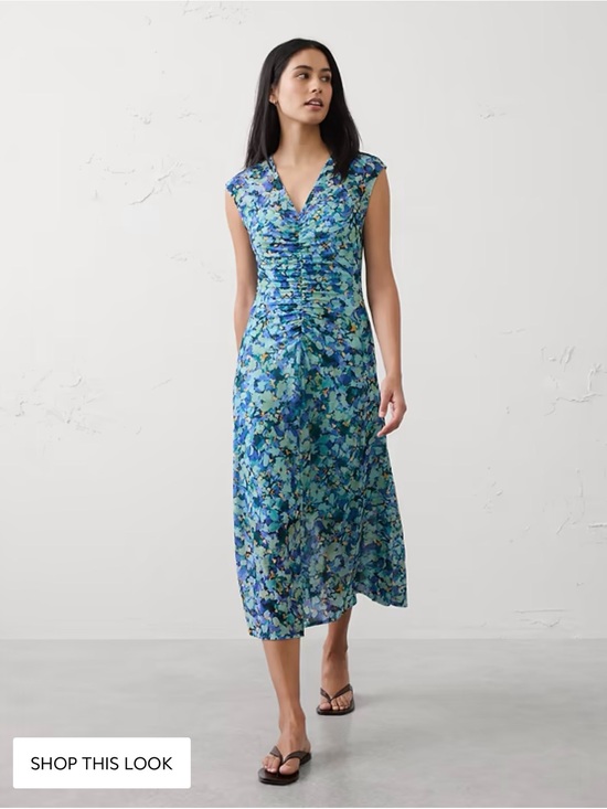 Banana Republic Dresses & Skirts - Banana Republic Women’s Blue Floral Ruched Mesh Shirred Midi Dress! Large! EUC!